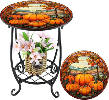 Outdoor Side Table Round Small Mosaic Patio Accent Indoor End Plant Coffee Tea Table for Yard Patio Porch Garden Living Room, Bedroom(Pumpkin Style,14 Inch)