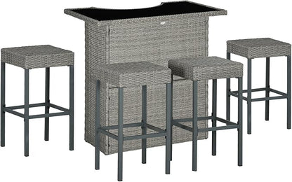 Outsunny 5 Piece Wicker Outdoor Bar Set, High Top Outdoor Table and Chairs, Bar Height Patio Set with Glass Table Top 2 Tier Storage Shelf and 4 Bar Stools for Garden, Poolside, Gray