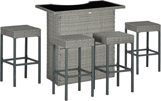 Outsunny 5 Piece Wicker Outdoor Bar Set, High Top Outdoor Table and Chairs, Bar Height Patio Set with Glass Table Top 2 Tier Storage Shelf and 4 Bar Stools for Garden, Poolside, Gray