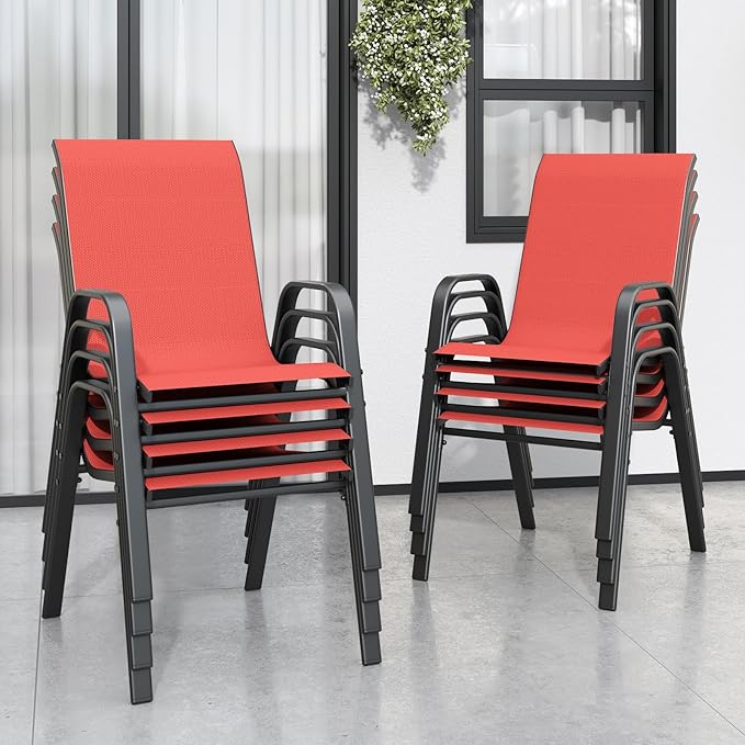 Patio Dining Chairs, Red Stackable Metal Frame Set of 8 with Textilene Mesh