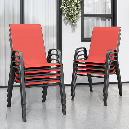 Patio Dining Chairs, Red Stackable Metal Frame Set of 8 with Textilene Mesh