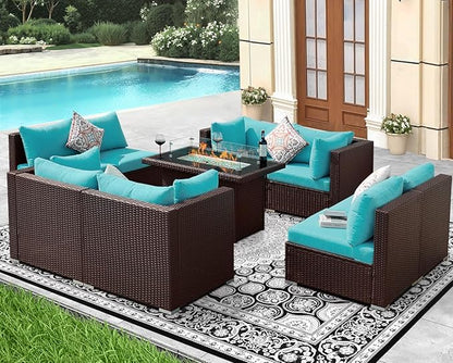 NICESOUL 9 Piece Large Outdoor Patio Furniture Set with Fire Pit Propane/Natural Gas, 29.3'' High Back Comfy Rattan Modular Sectional for 8, Deep Seat Conversation Sets, Brown Rattan and Teal Cushion