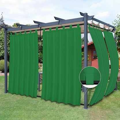 Easy-Going Outdoor Patio Curtains Detachable Tab Top Windproof Weatherproof Curtain for Cabana, Porch, Pergola and Gazebo, Tab Bottom Drape, 2 Panels, 54W x 96L inch, Green
