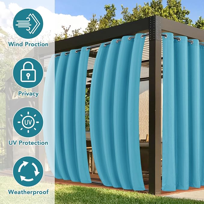 Outdoor Curtains in Teal, Waterproof and Windproof, Set of 4 Panels 54x84