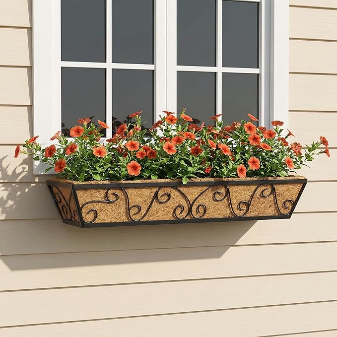 Y&M 30 Inch Butterfly Window Deck with Coco Liner, Fence Metal Hanging Flower Planter Window Basket Deck Railing Planter Boxes for Outdoor Garden Lawn 2pcs