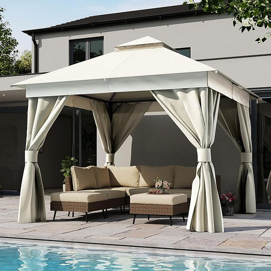 LAUSAINT HOME Semi-Permanent Outdoor Patio Gazebo 10'x10', Heavy Duty Party Tent Shelter with Double Roofs, Mosquito Nettings and Privacy Screens for Backyard, Garden, Lawn, Cream White