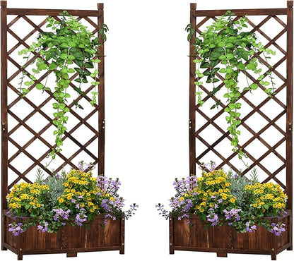 Anraja Raised Garden Bed Planter with Trellis Outdoor Wood Box 67in Set of 2 Flower Standing Planter Box Privacy Lattice Panels with Legs for Patio Porch w/Drainage Holes 29.5" L x 17.0" W x 67.0" H