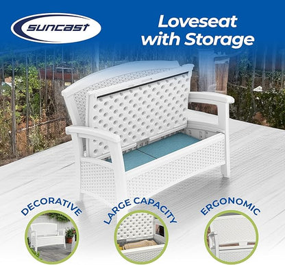 Suncast Elements Stylish Lightweight Loveseat Outdoor Seating with Convenient Built In Universal Storage, and All Weather Plastic, White
