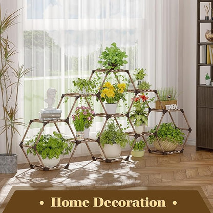 Tikea - Hexagonal Plant Stand Indoor Outdoor Large 11 Tiered Wooden Plant Shelf Indoor Creative Flower Decor for Living Room Balcony Patio