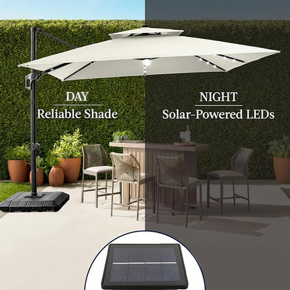 Best Choice Products 9x12ft LED Cantilever Patio Umbrella w/Base Included & 360° Rotation, Large Solar Offset Hanging Outdoor Sun Shade for Deck, Backyard Table w/Stand & Lights – Ivory