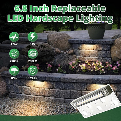 GKOLED 8Pack 6.8 Inch LED Low Voltage Hardscape Lighting, Outdoor Paver Lights, Retaining Wall Lights, Light Module Replaceable, Landscape Step Lights, Die-cast Aluminum Housing, 2700K Gray