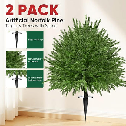 2 Set of 23.6" Artificial Norfolk Tree for Outdoor Front Porch Decor, Boxwood Ball Fake Shrubs UV Resistant Faux Plants for Indoor Outdoor