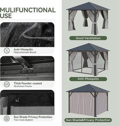 Aoxun Hardtop Gazebo 10x10, Aluminum Frame Canopy with Galvanized Steel Roof, Outdoor Gazebo with Breathable Netting and Privacy Curtain for Backyard