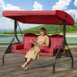 3 in 1 Outdoor Porch Swing with Adjustable Canopy, 3 Seat Outdoor Swing for Adults, Patio Swing Chair with Thickened Cushions,Pillows & Cup Holders for Backyard, Porch, Garden (Wine Red)