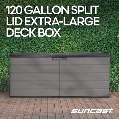 Suncast 120 Gallon Deck Box - Resin Outdoor Storage Box for Patio Cushions, Pool Accessories, & Garden Tools, Lockable Outdoor Storage Bin with Split Lid, Extra Large Dove Gray Outside Container