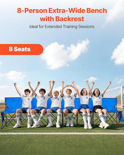 VEVOR Portable Folding Bench, 8 Seat Foldable Soccer Bench with Side Pockets and Carrying Bag, Lightweight Sideline Seating with Back Rest for Football, Baseball, Camping, Outdoor Events, Blue