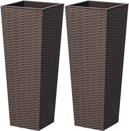 Greesum 24 Inch Tall Plastic Planters (Set of 2), Detachable Inner Pot & Drainage Holes, Outdoor Decorative Flower Pots for Large Plants, Trees, Patio, and Garden, Brown