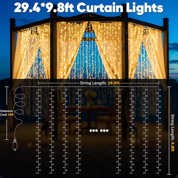 LED Curtain String Lights, 900 LEDs, Warm White, 29.5 x 9.8 ft