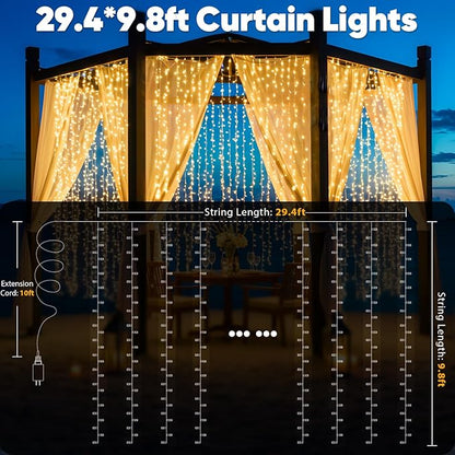 LED Curtain String Lights, 900 LEDs, Warm White, 29.5 x 9.8 ft