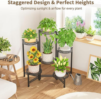 LASZOLA 6 Tiered Folding Tall Plant Stand Indoor Outdoor for Large Planter, Heavy Duty Metal Adjustable Multiple Flower Rack for Corner, Wrought Iron High Spiral Holder for Modern House Patio, Black