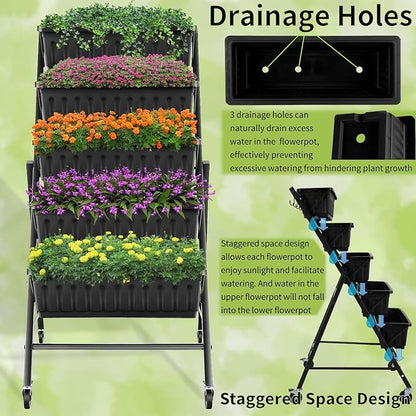 Homdox 4FT Vertical Garden Bed, 5 Tiers Raised Garden Planter, 25.6 * 26 * 48Inch with 4 Hooks & 4 Wheels, Vegetable Flower Stand for Garden Patio Yard, Black