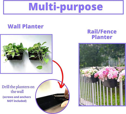 LaLaGreen Outdoor Rail Planter (11.8 Inch, 4 Pack) Black Metal Iron Hanging Flower Pots Deck Railings Fence Buckets Modern Countryside Boho Style Wall Mount Window Box Plant Holder Hooks Porch Decor