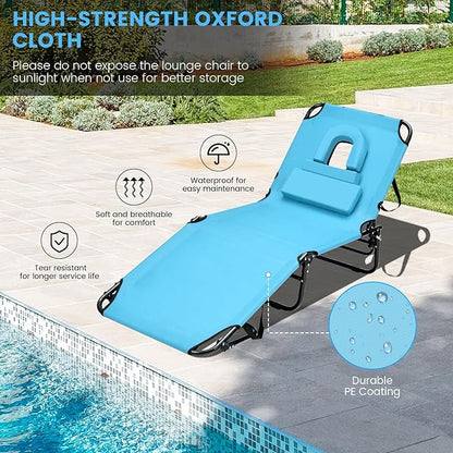 GYMAX Tanning Chair, 350lbs Beach Lounge Chair with Face Hole, Detachable Washable Pillow & Carry Strap, Adjustable Folding Chaise Lounge, Layout Chair for Outside, Patio, Poolside, Lawn (1, Arctic)