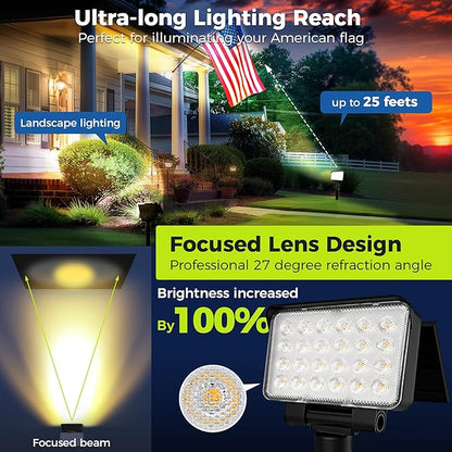 Solar Spot Lights Outdoor Waterproof for Flag, Tree, House, Garden, Yard, 3 Brightness Modes Solar Powered Landscape Spotlights 2 Pack Warm White