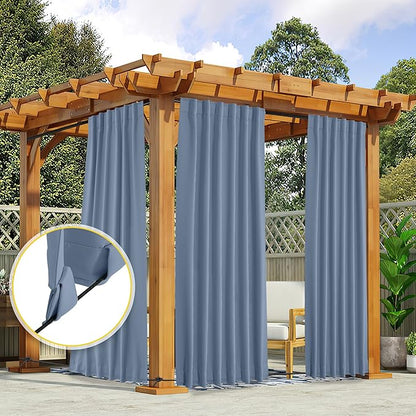 NICETOWN 2 Panels Outdoor Curtains Waterproof Pocket & Back Tab on Top & Bottom, Thermal Insulated Fixed Windproof Outdoor Drapes Privacy for Patio with Rope for Fixed, W52 x L108, Stone Blue