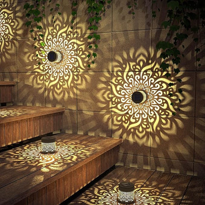4 Pack Solar Fence Lights Metal Solar Powered Outdoor Wall Deck Step Lights Mandala Theme Waterproof Fence Light for Garden Post Patio Backyard Decor (4 Pack)