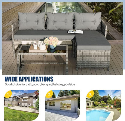 Vongrasig 3 Pieces Patio Furniture Sets, All-Weather Wicker Outdoor Sofa Couch Sectional Set, Small Conversation Set for Patio, Garden w/Cushion, Glass Table, (Grey)