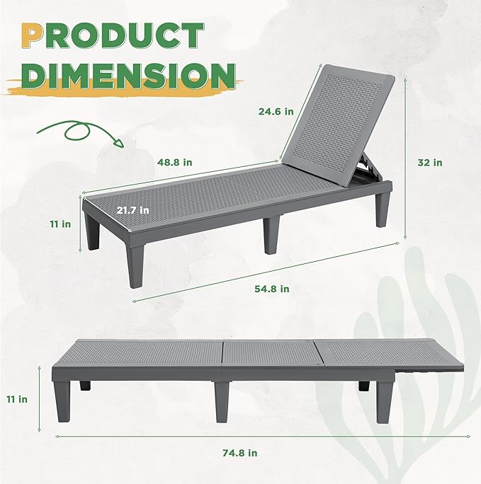 Greesum Outdoor Chaise Lounge Chairs Set of 2 with 5-Position Adjustable Backrest, Waterproof PP Sun Chaise Loungers for Garden Pool Beach Patio Deck Sunbathing, Grey