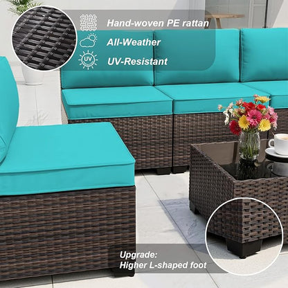 ALAULM Patio Furniture Set with Coffee Table, 9 Pieces Outdoor Sectional with Wide Seat and Thick Cushion, All Weather Wicker Rattan Conversation Set for Backyard, Garden, Deck, Turquoise