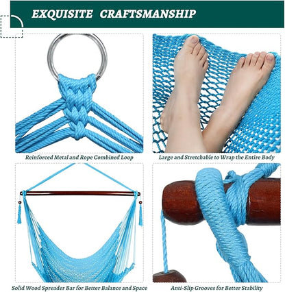 Caribbean Hammock Swing Chair with Spreader Bar, Large Hammock Chair, Hand Craft Rope Hanging Chair Outdoor, Indoor, Bedroom, 330 LBS Weight Capacity, Blue