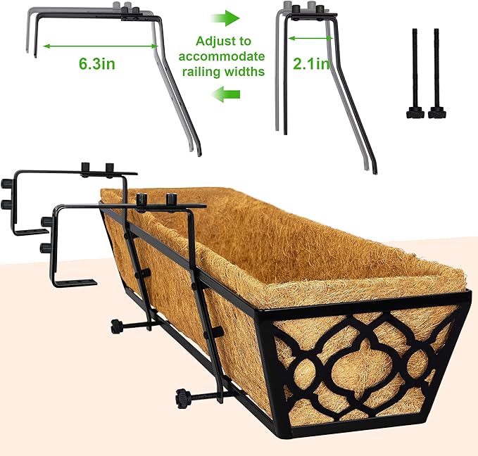 Y&M 30 inch Window Planter Box 2Pcs Iron Window Deck Railing Planter with Coco Liner, Metal Horse Troughs Fence Planter for Outdoor Balcony Rail Fence Porch Patio