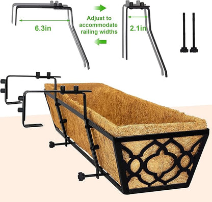 Y&M 30 Inch Window Deck with Coco Liner, Fence Metal Hanging Flower Planter Window Basket Deck Railing Planter Boxes for Outdoor Garden Lawn,6pcs
