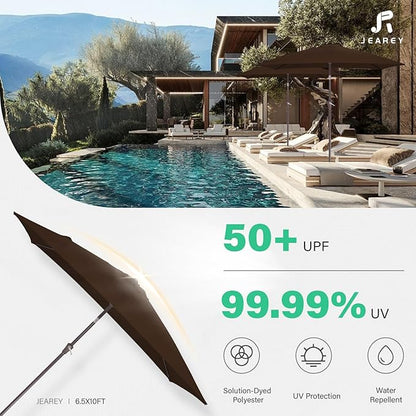 JEAREY 6.5x10 ft Rectangular Patio Umbrellas Rectangle Outdoor Umbrella with Push Button Tilt and Crank, Market Table Umbrella 6 Sturdy Ribs UV Protection for Poolside Garden Backyard Deck, Brown