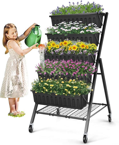 SEJOV 5-Tier Raised Garden Bed, 4FT Vertical Garden Planter with Storage Rack and Lockable Caster Wheels, Indoor Outdoor Raised Planter Box with Drainage System for Vegetables, Flowers, Herbs, Black