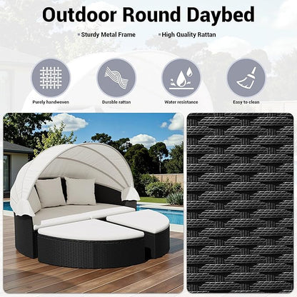 Patio Furniture Round Outdoor Daybed with Retractable Canopy Wicker Rattan Sectional Sofa for Lawn Garden Backyard Pool (Beige)