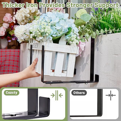 4 Pack Window Box Brackets, No Drill Adjustable Planter Box Brackets, Heavy Duty Deck Railing Planter Holders, Black Metal Flower Pot Hangers for Outdoor Gardens Balconies