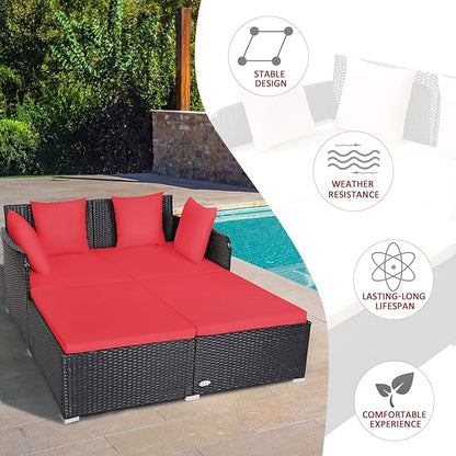 Tangkula Outdoor Rattan Daybed, Sunbed Wicker Furniture w/Spacious Seat, Upholstered Cushion & High-Resilience Sponge, Wicker Patio Sofa Set w/Extra Pillows for Courtyard Poolside(Red)