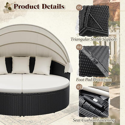 Devoko Patio Furniture Outdoor Round Daybed with Retractable Canopy Wicker Rattan Separated Seating Sectional Sofa for Patio Lawn Garden Backyard Porch