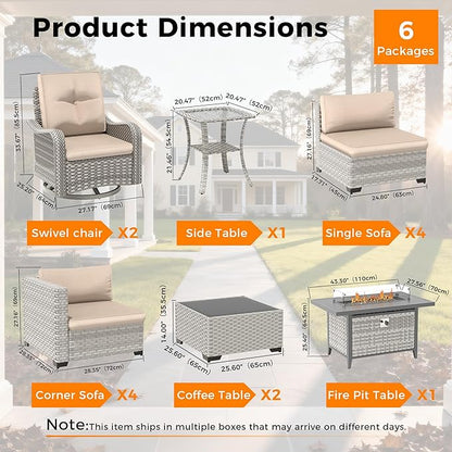 10-Seat Outdoor Wicker Patio Furniture Set with Fire Pit Table, Modular Rattan Sectional Sofa & 2 Swivel Rocking Chairs, 4" Thick Cushions, Rust-Resistant Frame,Beige
