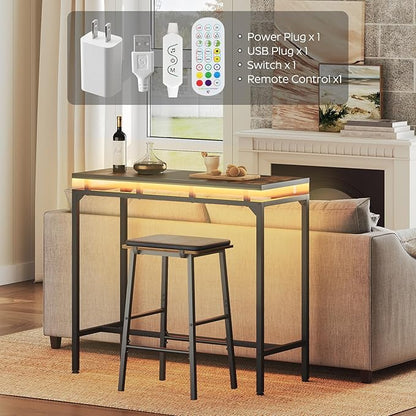 Bar Table with LED Lights, Counter Height Table, Bar Height Pub Table, Metal Frame, for Living Room, Dining Room, Pub, Black BT01DBK