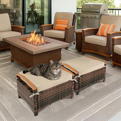 VINGLI Wicker Outdoor Ottoman Set of 2, All Weather PE Rattan Footstool for Patio w/Removable Cushions, Waterproof Rattan Foot Rest for Garden, Balcony, Poolside (Brown)