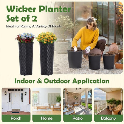 Idzo All Weather Wicker Planters for Outdoor Plants Set of 2, 24 inch Tall Black Planter for Front Porch, Patio, Balcony, Indoor Usage - Round Rattan Flower Pots