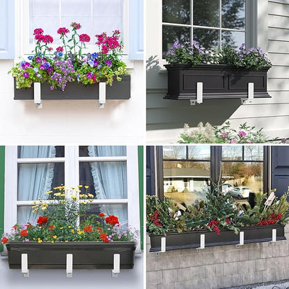 Y&M 2 Pack Adjustable Planter Brackets (6 to 12.5 in), Universal Window Box Mounting Hooks, Heavy Duty Iron Flower Box Wall Mounts for Balcony, Fences, Patio, and Garden - White