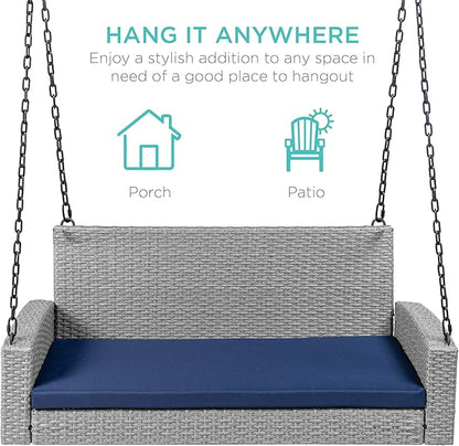 Best Choice Products Woven Wicker Outdoor Porch Swing, Hanging Patio Bench for Deck, Garden w/Mounting Chains, Seat Cushion - Gray/Navy
