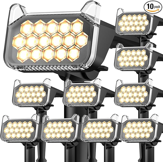 WdtPro Solar Spot Lights Outdoor Waterproof, Bright Solar Lights Outdoor with 16 Extra-Large LEDs, 3 Modes Landscape Spotlights, 2-in-1 Solar Powered Light for Yard Flag Garden, 10 Pack, Warm White