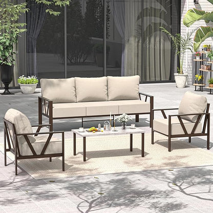 Outdoor Patio Furniture Set, 4 Pieces Metal Patio Furniture Set with Coffee Table, Modern Outdoor Patio Conversation Seating Set with 6” Thick Cushions, Upgrade Beige
